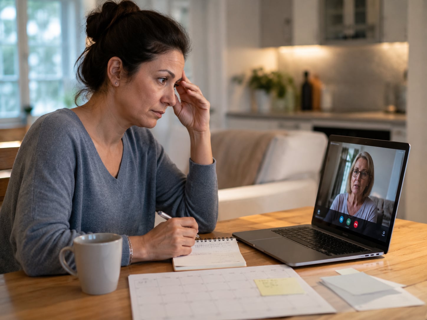 A woman sits at home desk on a laptop video call, hand on forehead looking worried