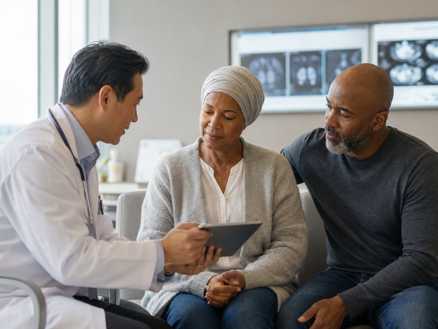 An asian male doctor with tablet talks to older Black man and woman in headscarf in exam room