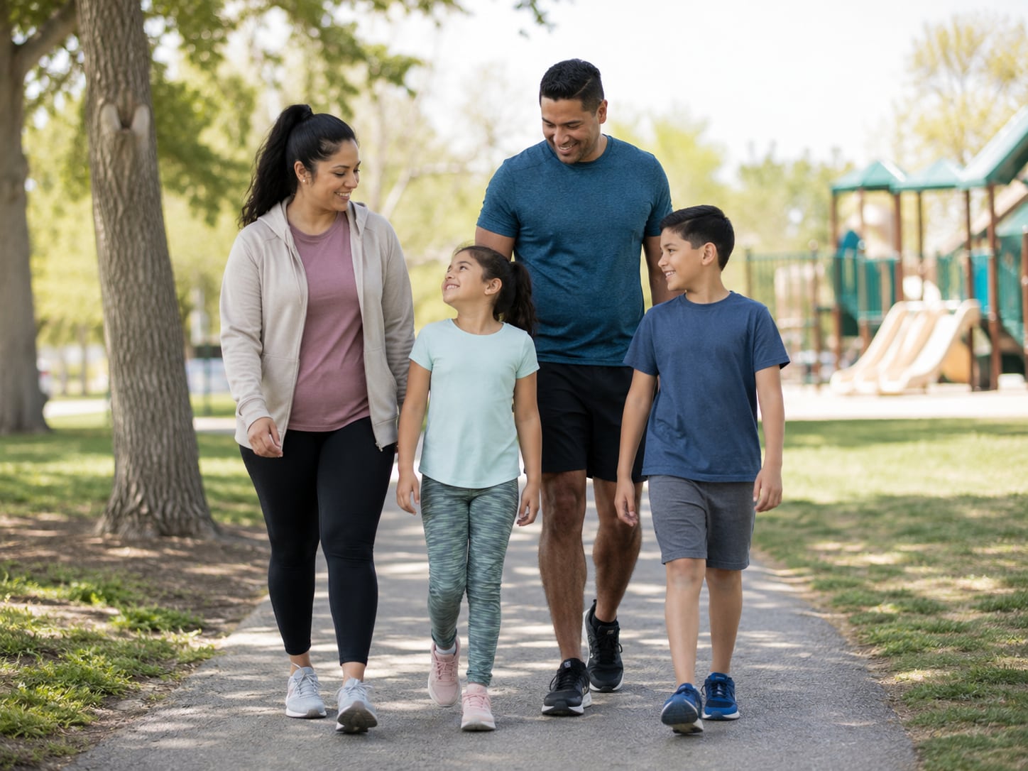 A family of four walks together outdoors past a playground on a sunny day