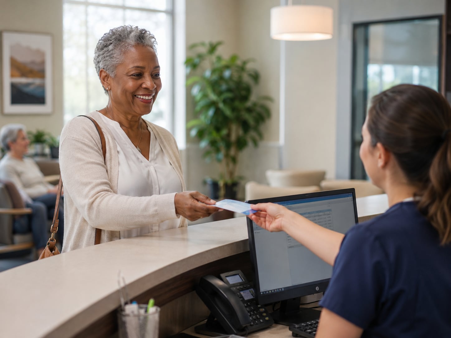 An older woman hands a card to a nurse at a reception counter or home visit
