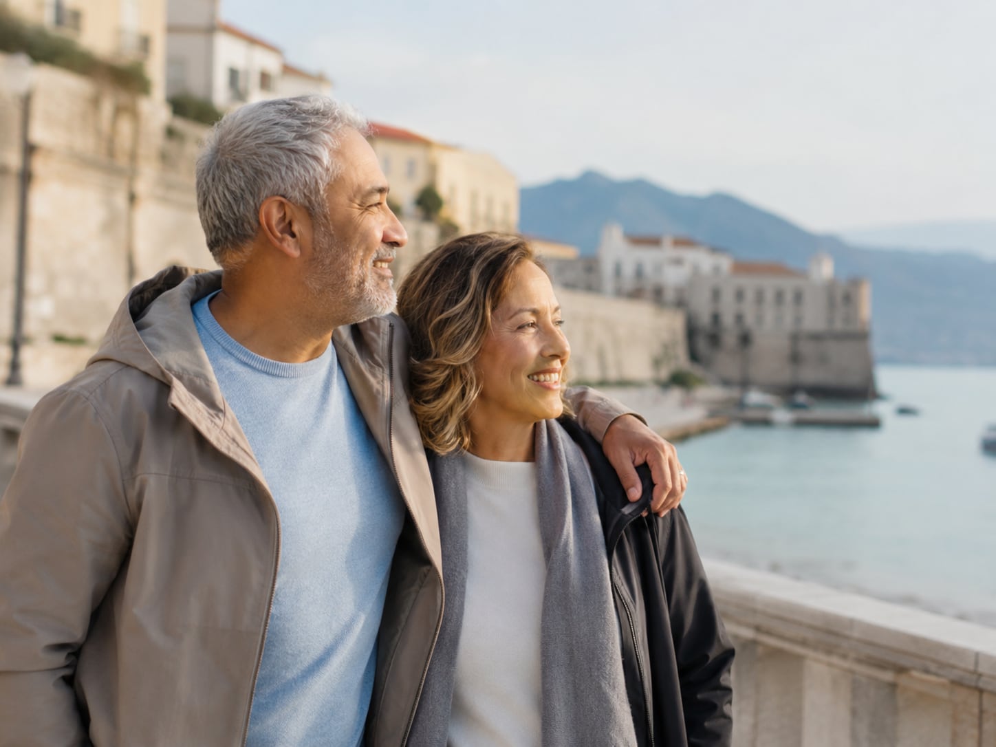 An older couple stand together admiring a coastal town view on a trip