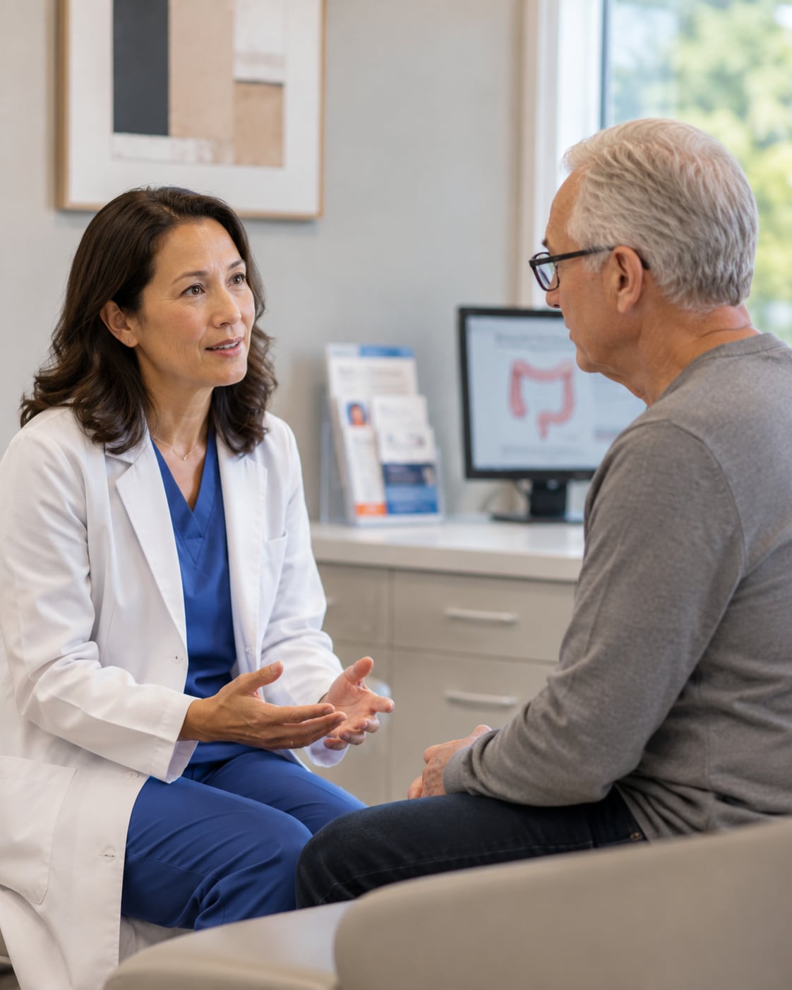 A female doctor and older man review scan images together on a computer monitor