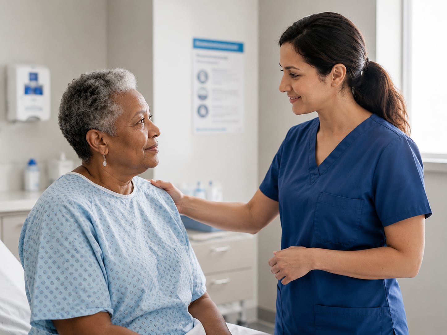 A nurse comforts an older woman patient in a hospital gown, hand on her shoulder