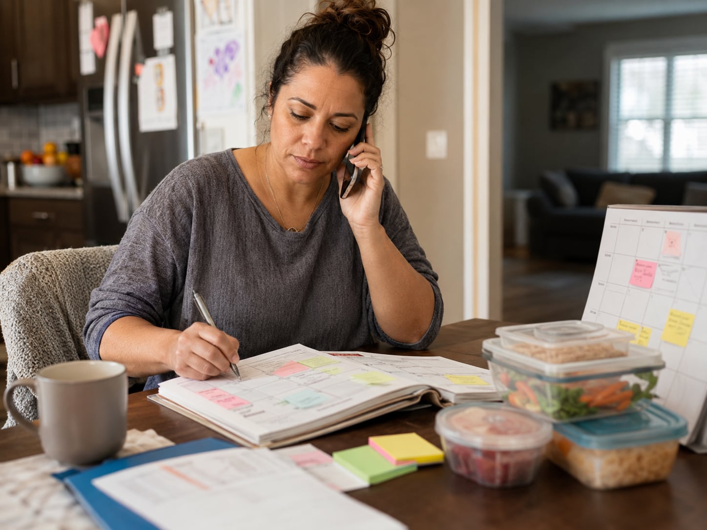 A woman at home talks on the phone while writing notes near a wall calendar