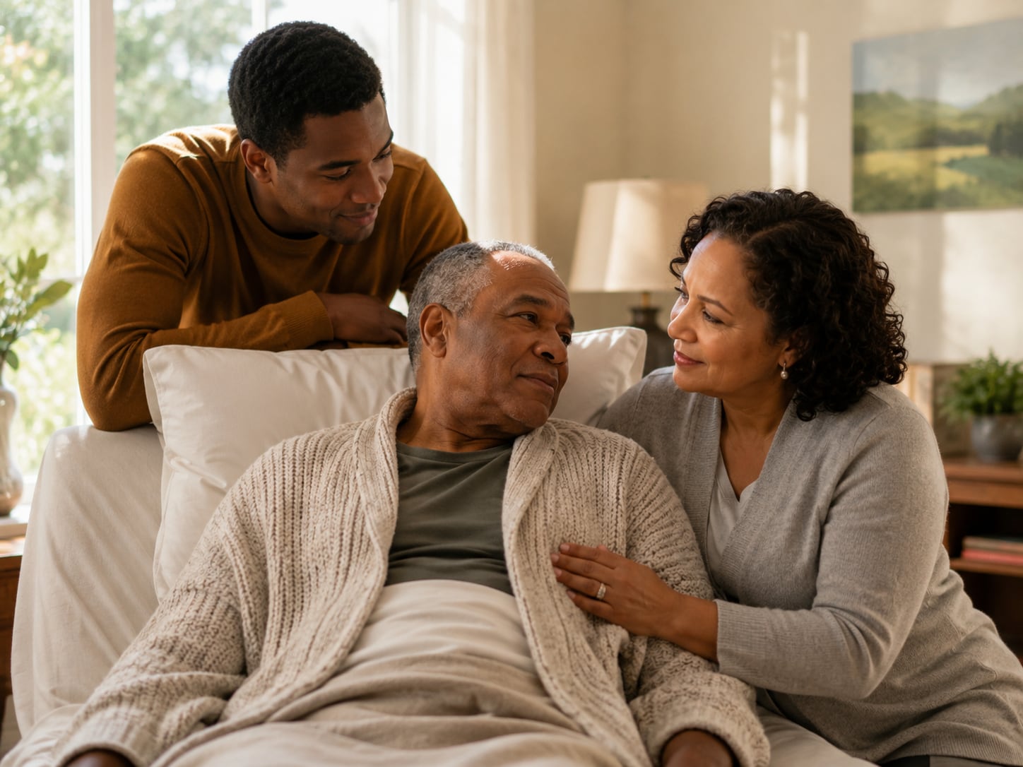 A man and woman sit on a couch comforting an older man between them