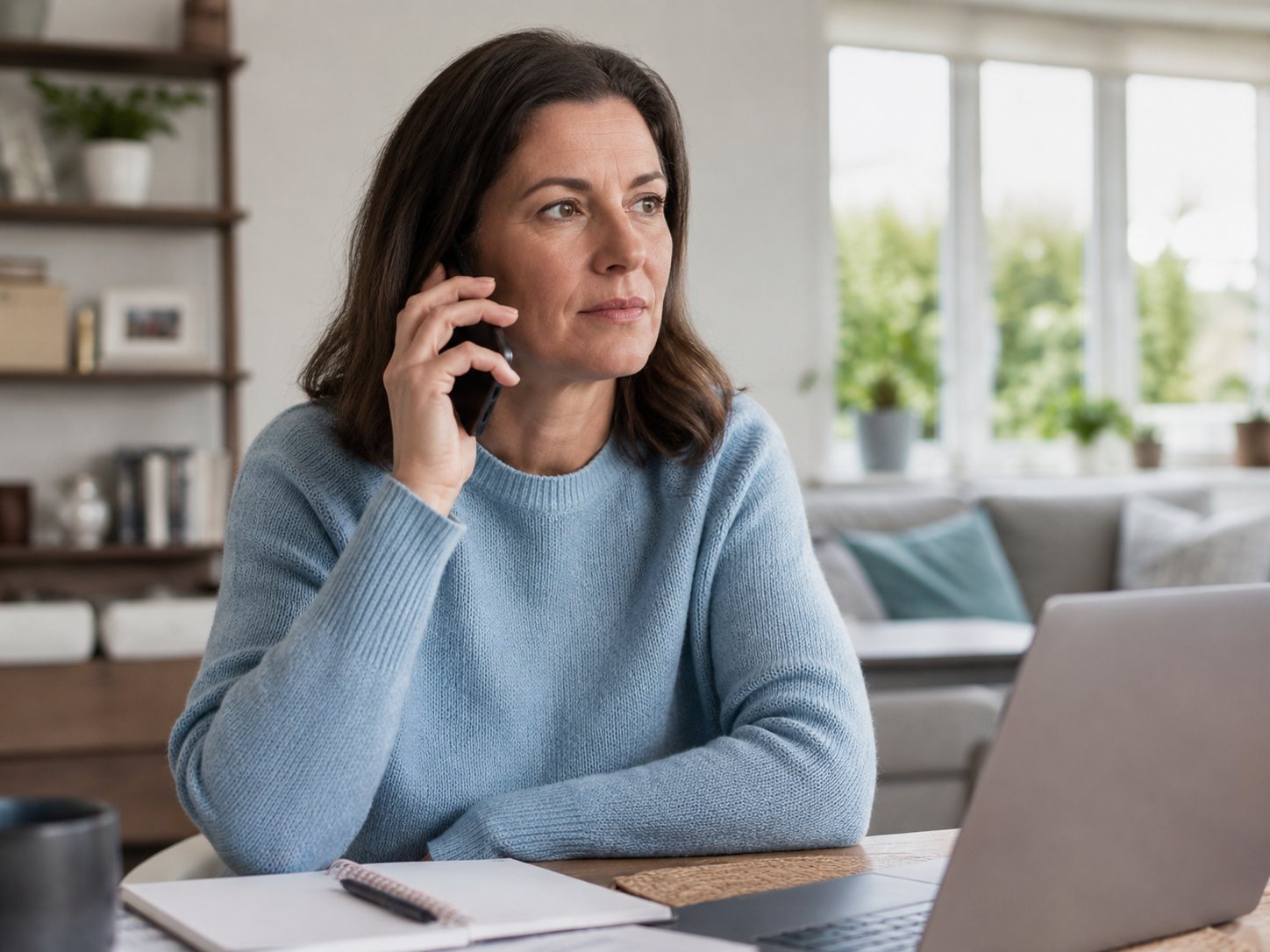 Woman in a blue sweater takes a phone call at a home desk with a laptop and papers.