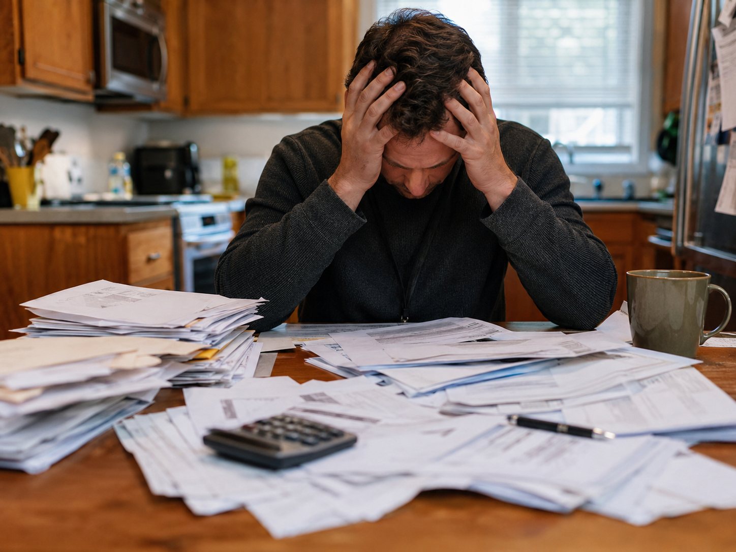 A man sits at a kitchen table with his head in his hands, the surface covered in statements and a calculator
