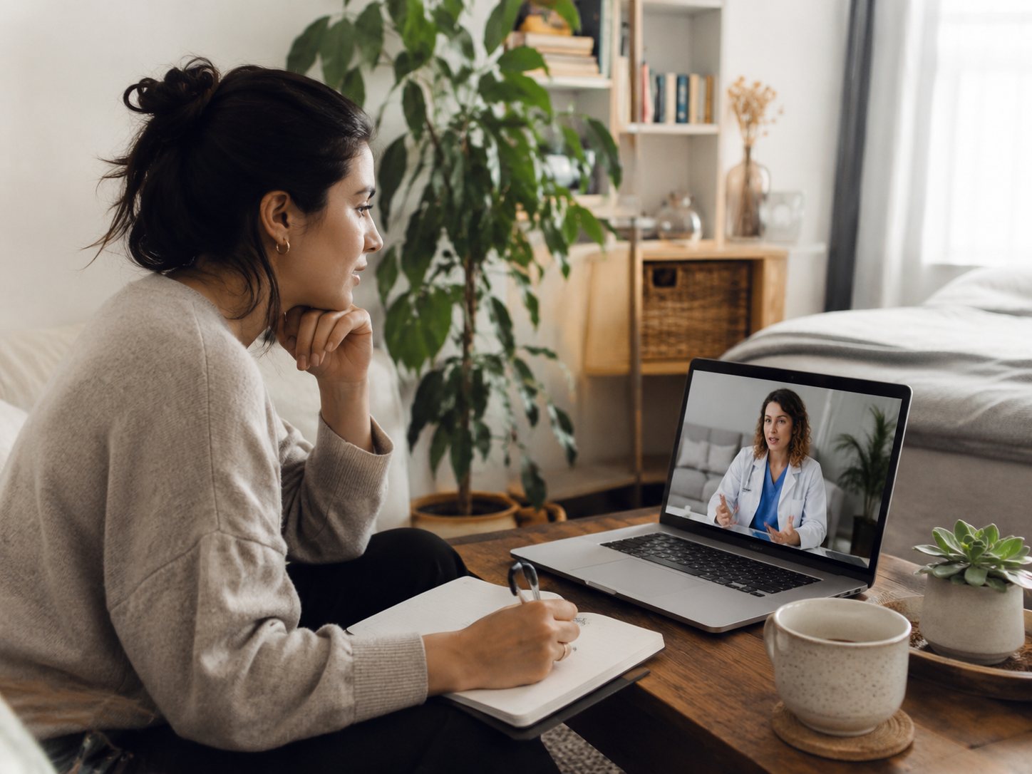 Young woman takes notes on a sofa during a laptop video call with a clinician in a white coat.