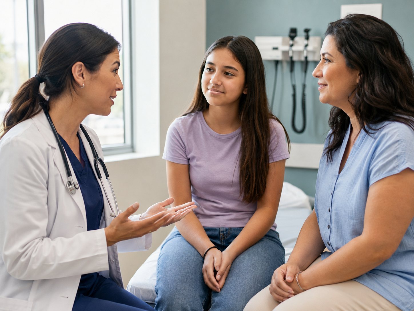 Clinician talks with a teenage girl and an adult woman seated together on a clinic exam table.