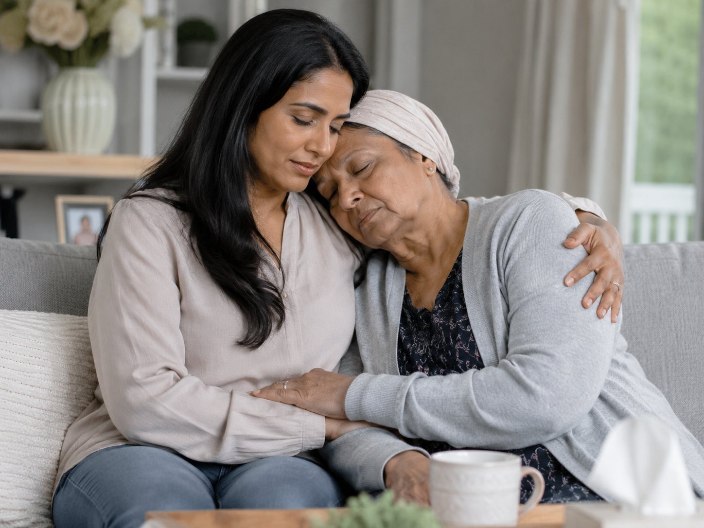 Younger woman embraces an older woman in a head wrap on a sofa, their heads resting together, eyes closed.