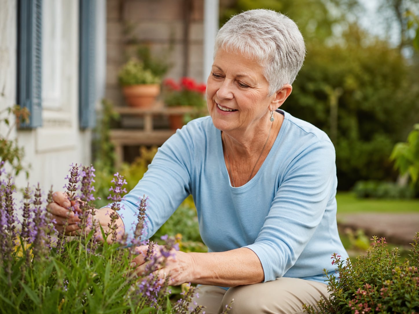 An older woman tends to plants in a garden outdoors