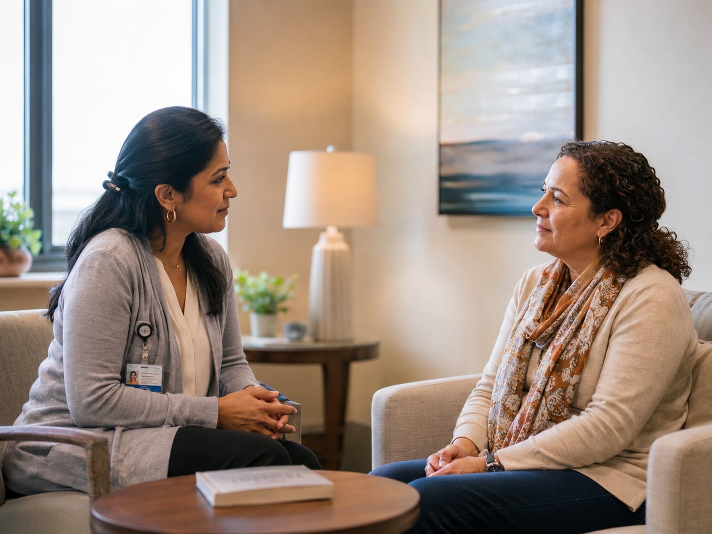 A female doctor or counselor talks with a woman patient in a cozy home-like office