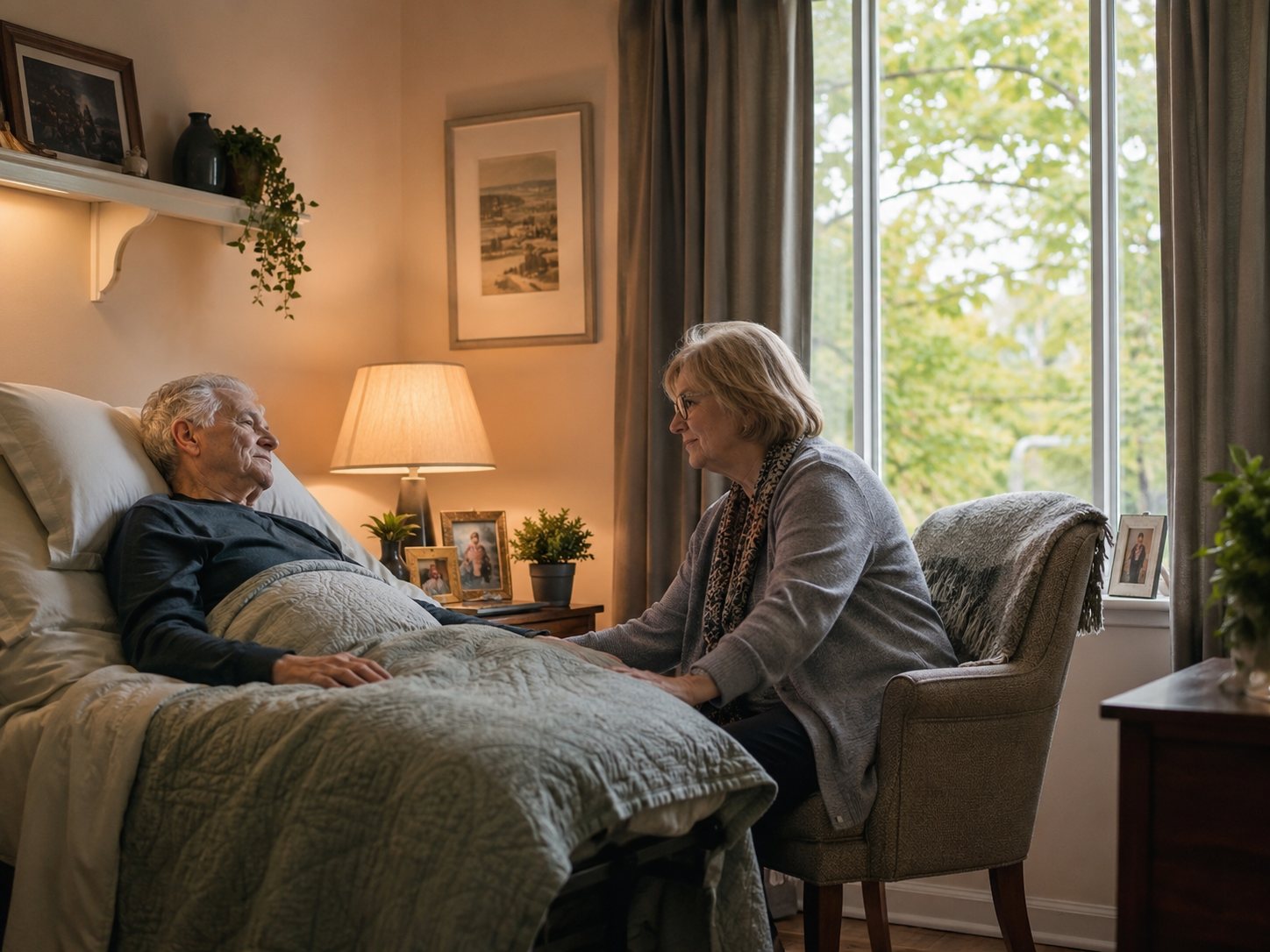 An older man rests in a bed set up in a sunlit home bedroom while a woman sits in an armchair beside him