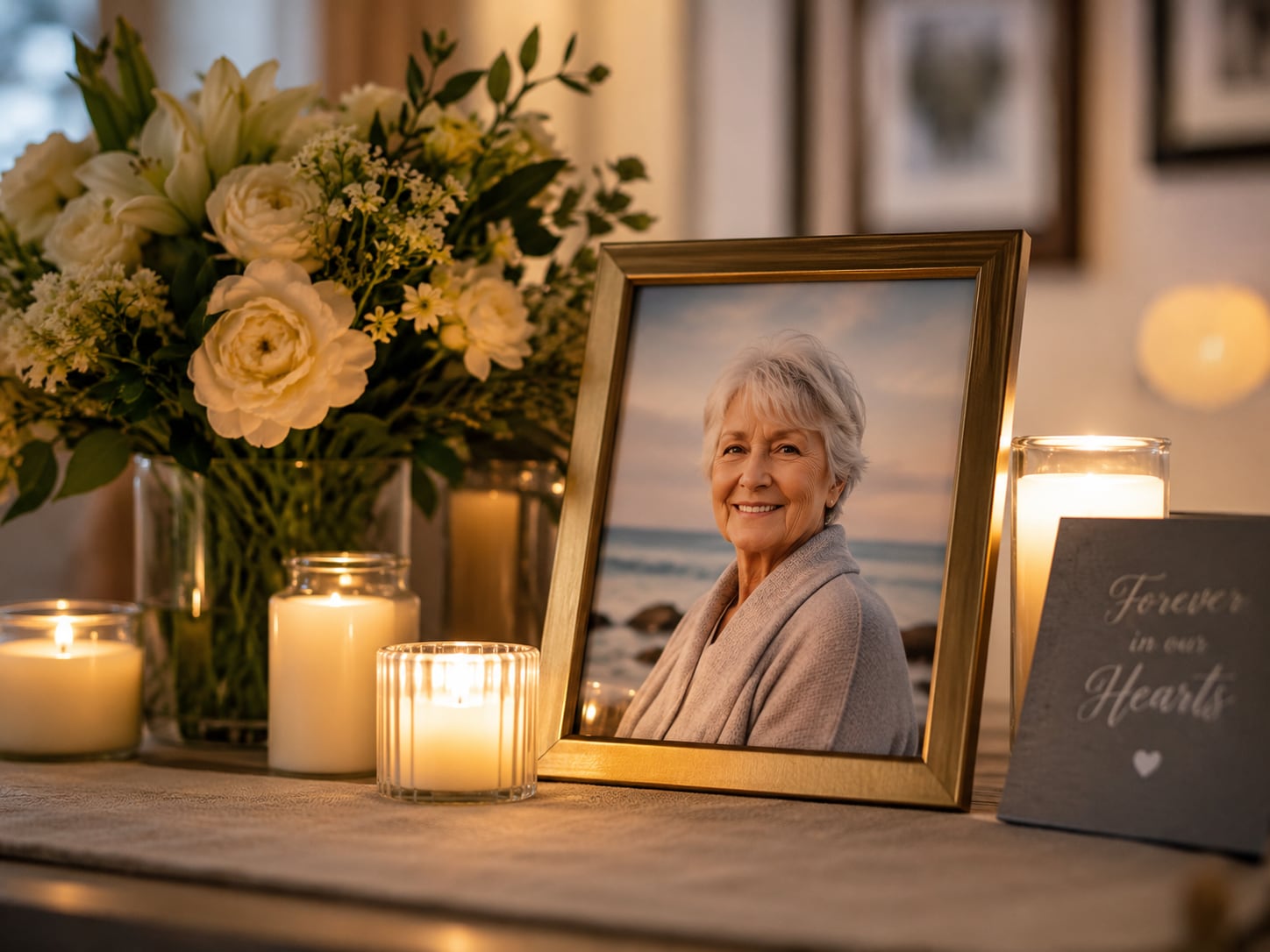 A framed portrait of a smiling older woman stands on a table among lit candles, white flowers and a slate sign reading “Forever in our Hearts”.