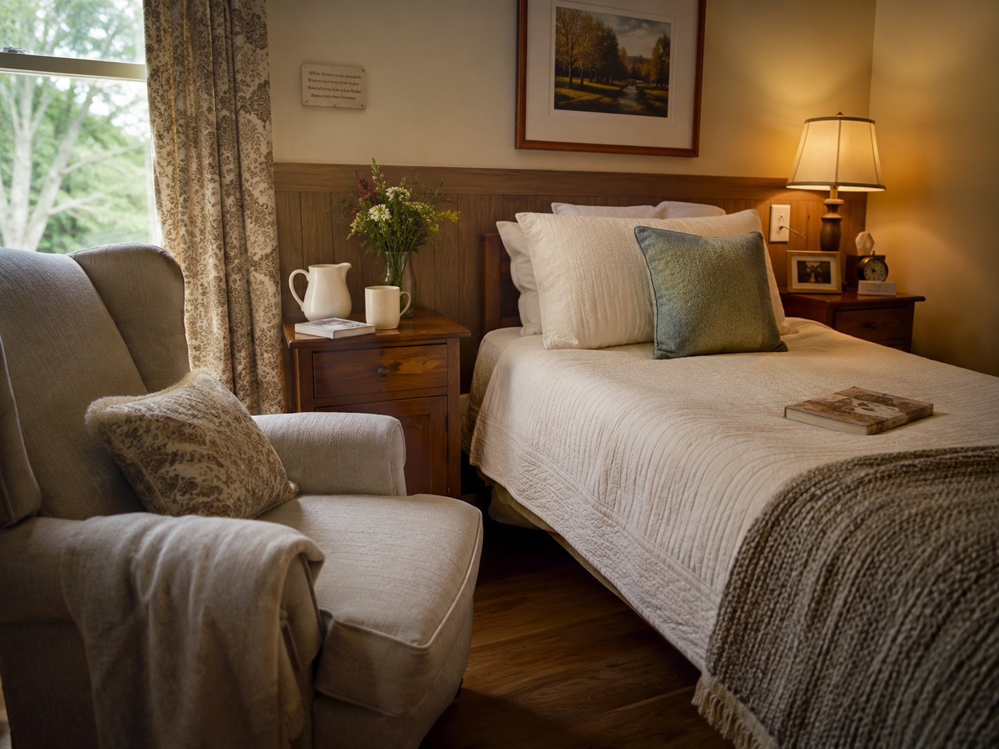 A quiet bedroom with a made bed, a cushioned armchair, a lamp and flowers on the side table