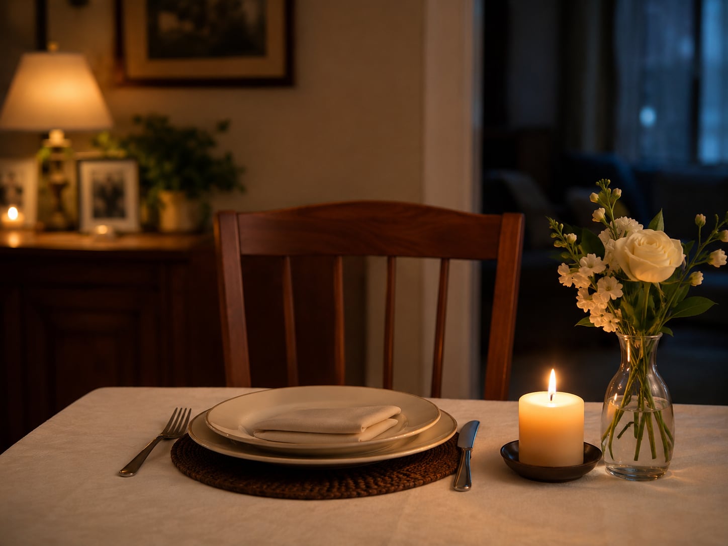 A single place setting with stacked plates, a folded napkin, cutlery and a lit candle on a dining table beside a vase of white flowers and an empty chair.