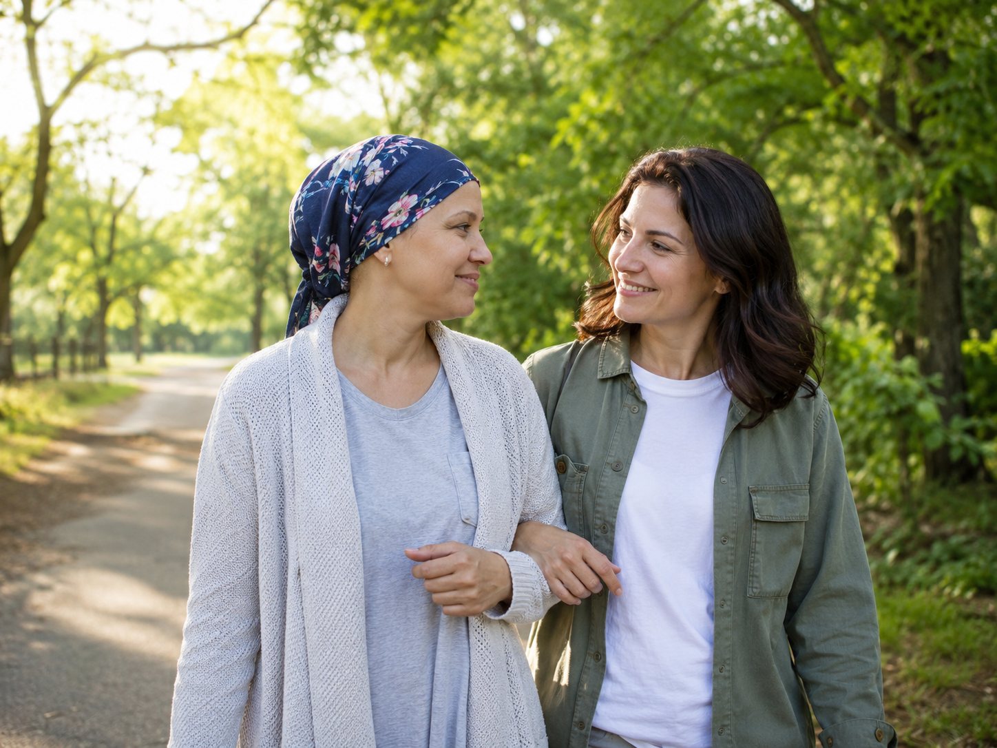 Two women walk arm in arm on a shaded path, one wearing a floral head scarf, both smiling.