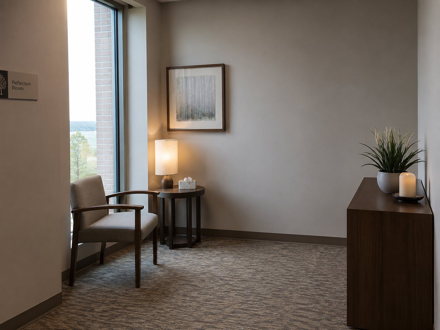 An empty hospital reflection room with two chairs, a lamp, a plant and a candle