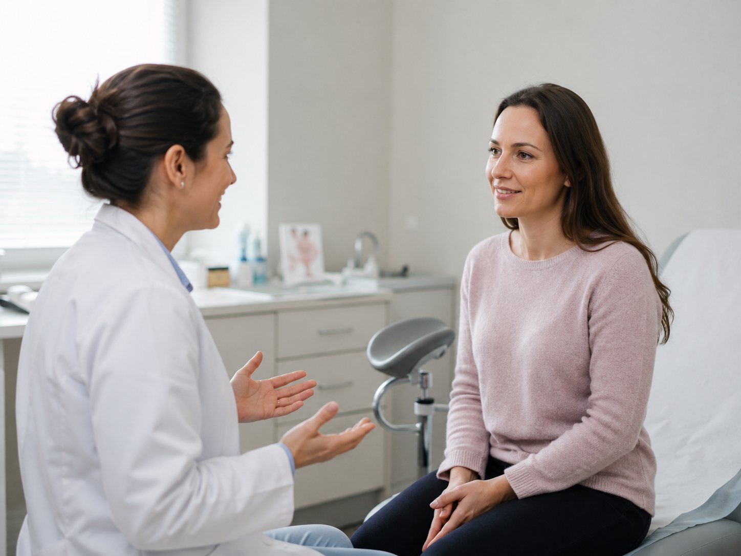 Clinician in a white coat gestures while talking with a woman seated on a clinic exam table.