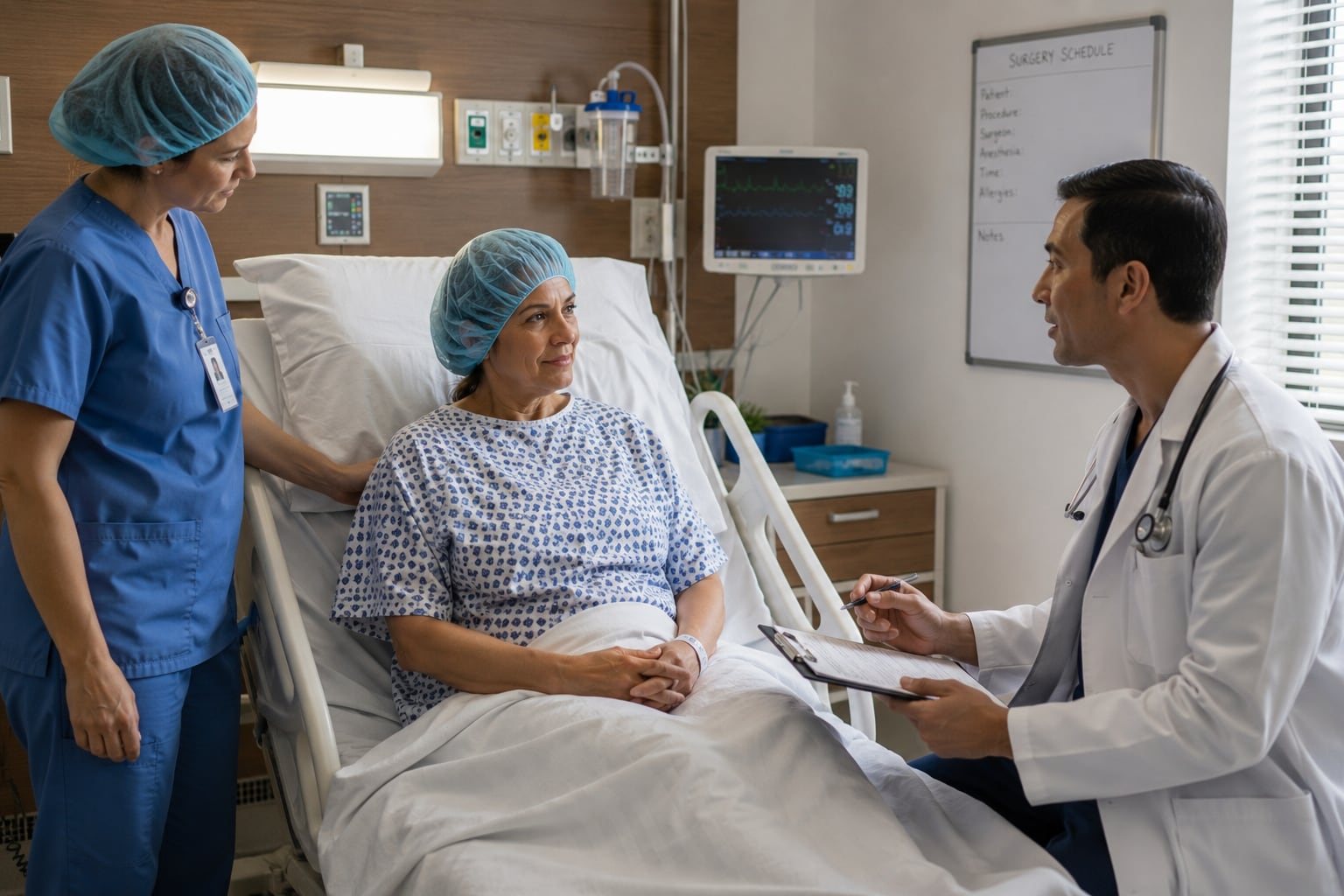 A doctor with a clipboard and a nurse in scrubs stand beside a woman in a surgical cap and gown lying in a hospital bed, under a whiteboard headed “Surgery Schedule”.