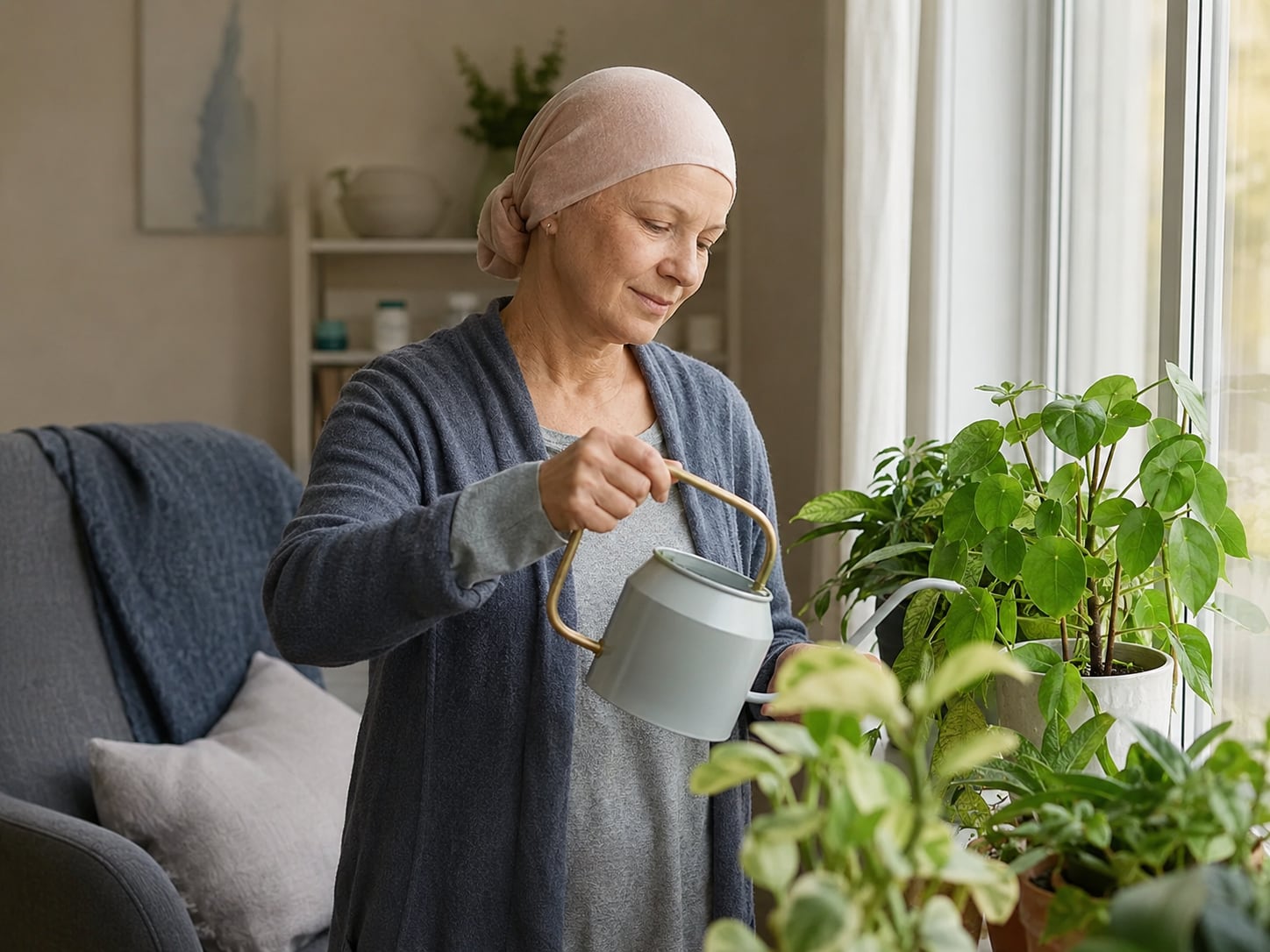 A woman in headscarf waters houseplants indoors by a window