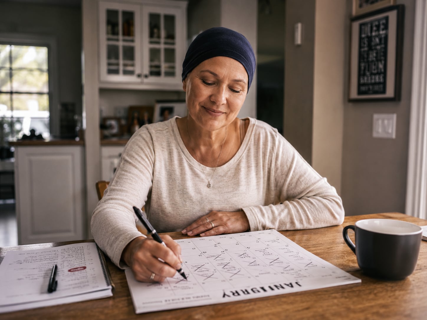 A woman in headscarf sits at a table writing or reading a document with a mug nearby