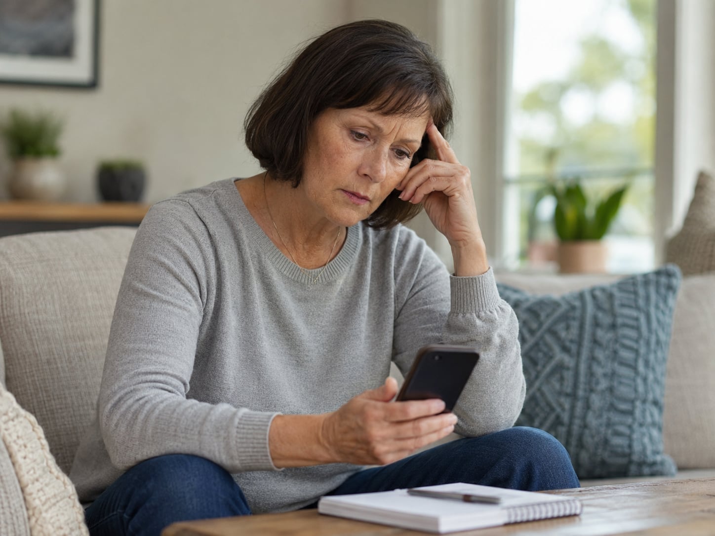 A woman sits on a couch at home looking at her phone, hand to her face, concerned