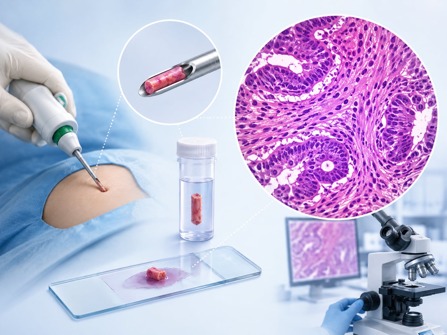 A composite image: illustration of a biopsy needle, a blood sample vial, and a microscope tissue slide