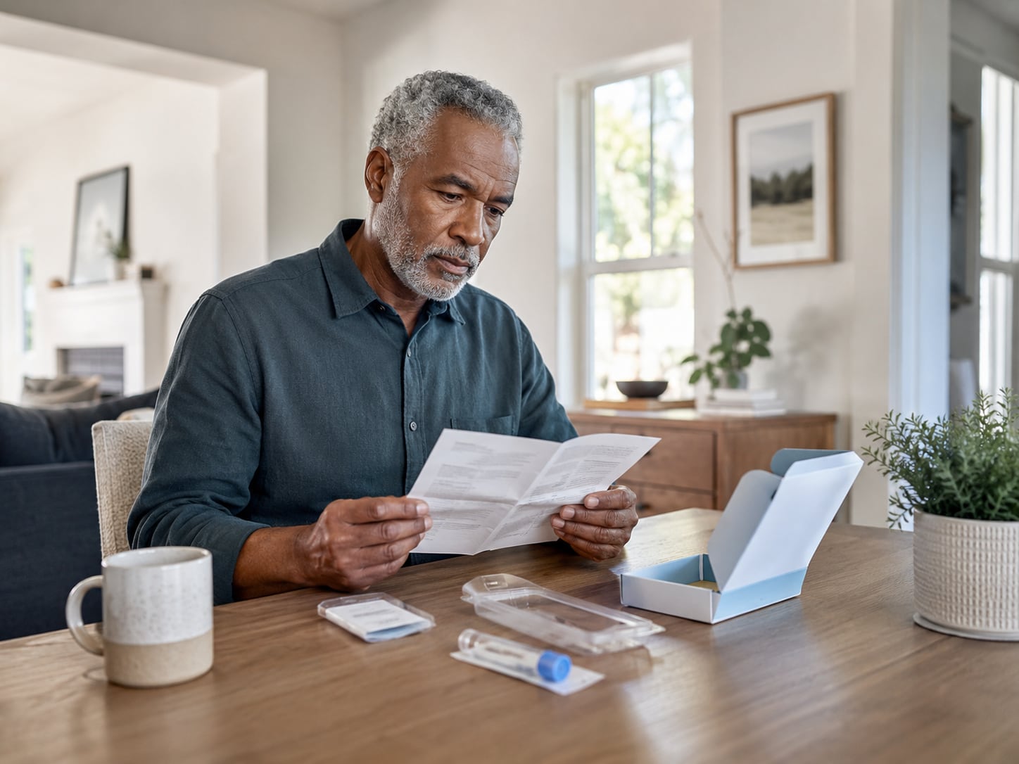 An older man sits at home reading a printed letter or document