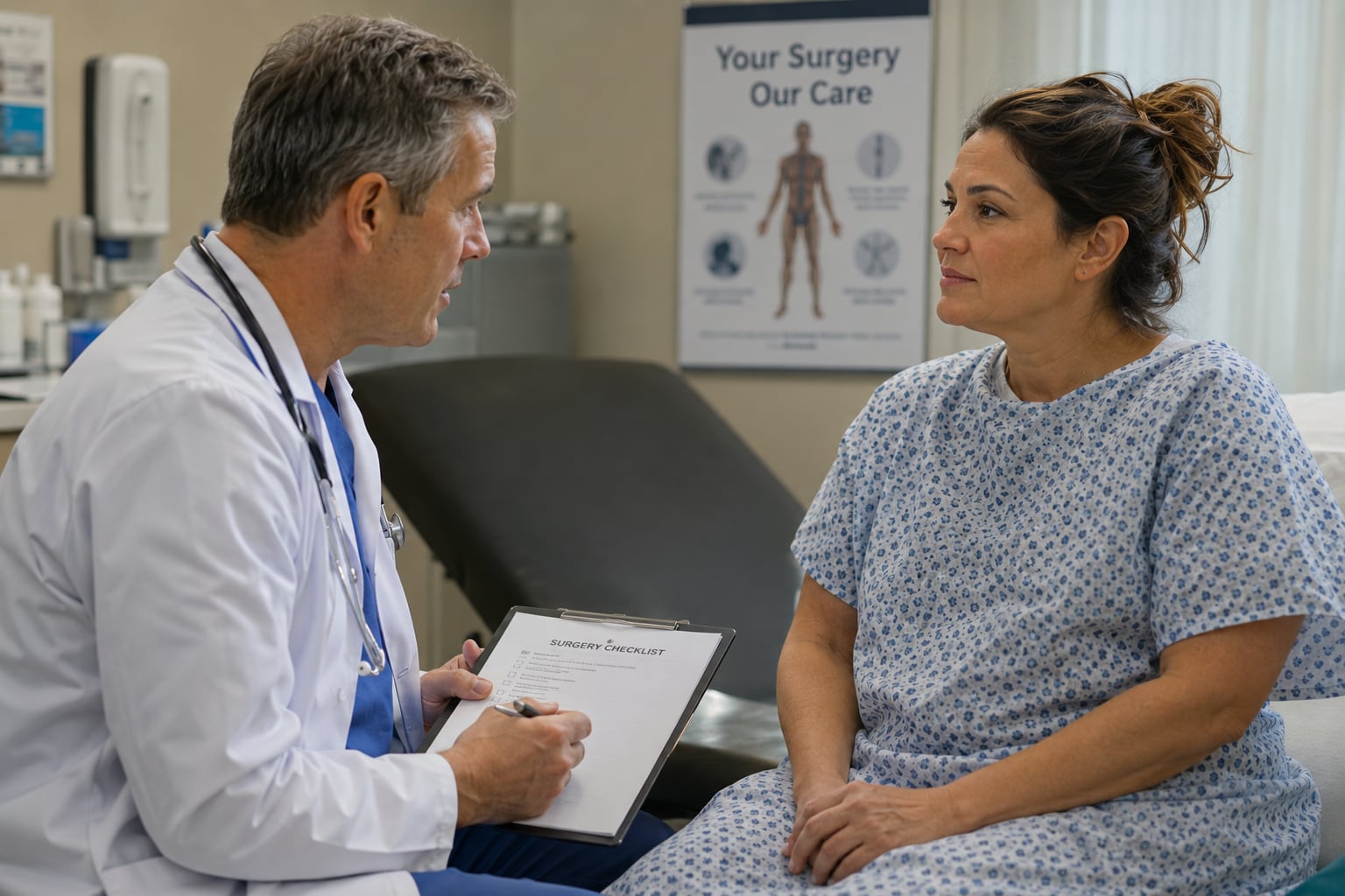 A doctor in a white coat holding a clipboard headed “Surgery Checklist” speaks with a woman in a hospital gown seated on an exam table.
