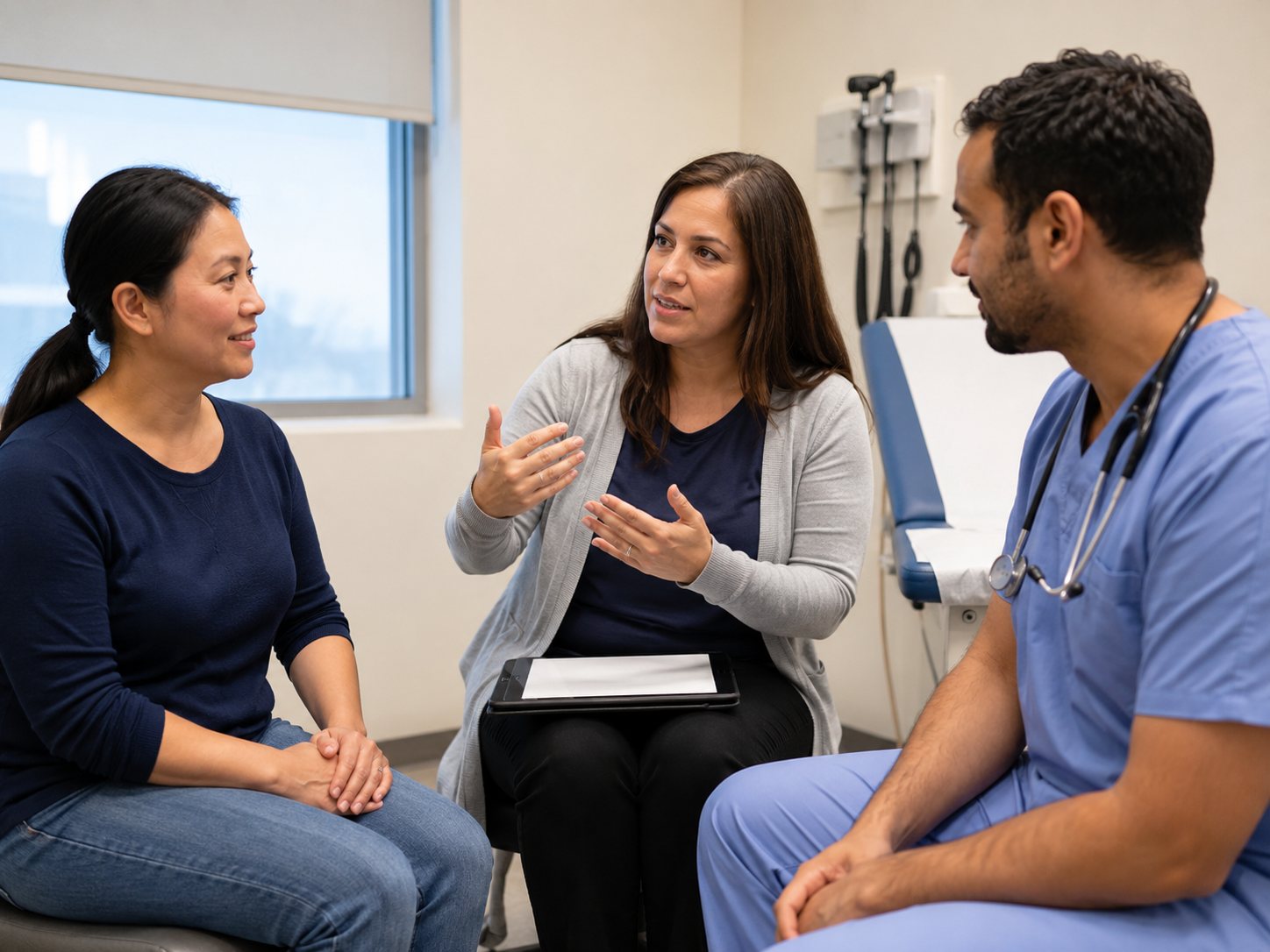 A patient and the person who came with her sit talking with a clinician in scrubs in an exam room
