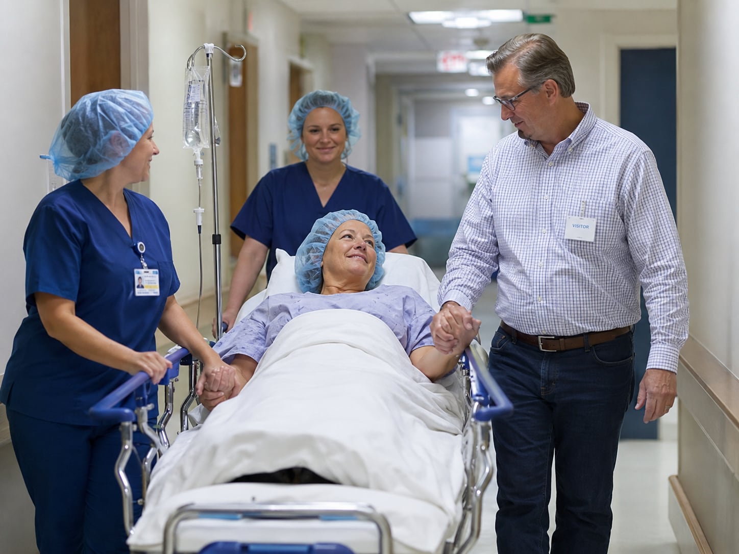 Two staff in scrubs wheel a woman on a stretcher with an IV pole along a hospital corridor while a man with a visitor badge walks beside her holding her hand.