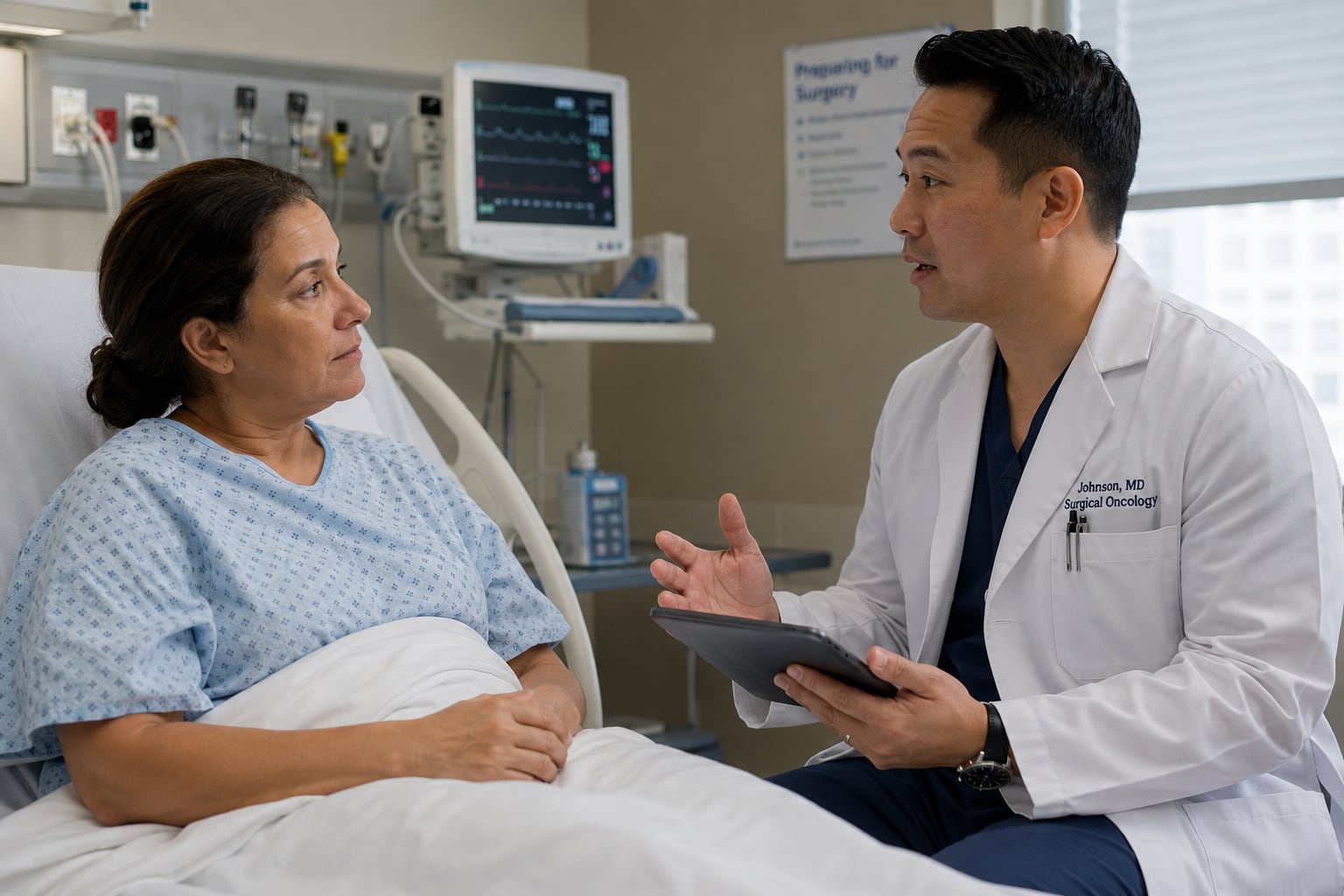 A physician in a white coat sits at the bedside holding a tablet and gesturing while speaking with a patient in a hospital gown, below a “Preparing for Surgery” poster.