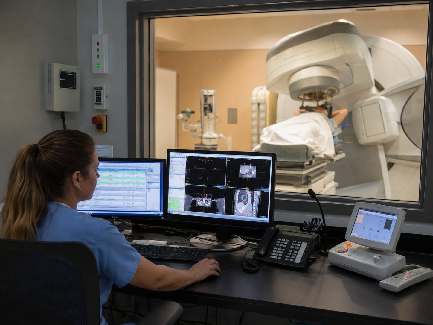 A staff member in blue scrubs sits at a control-room console showing treatment-planning scan views, looking through a shielded window at a patient on a linear accelerator couch.
