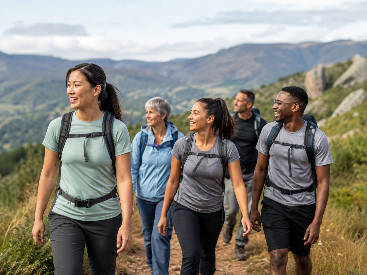 Five smiling adults with backpacks hike along a grassy mountain trail under a wide cloudy sky.