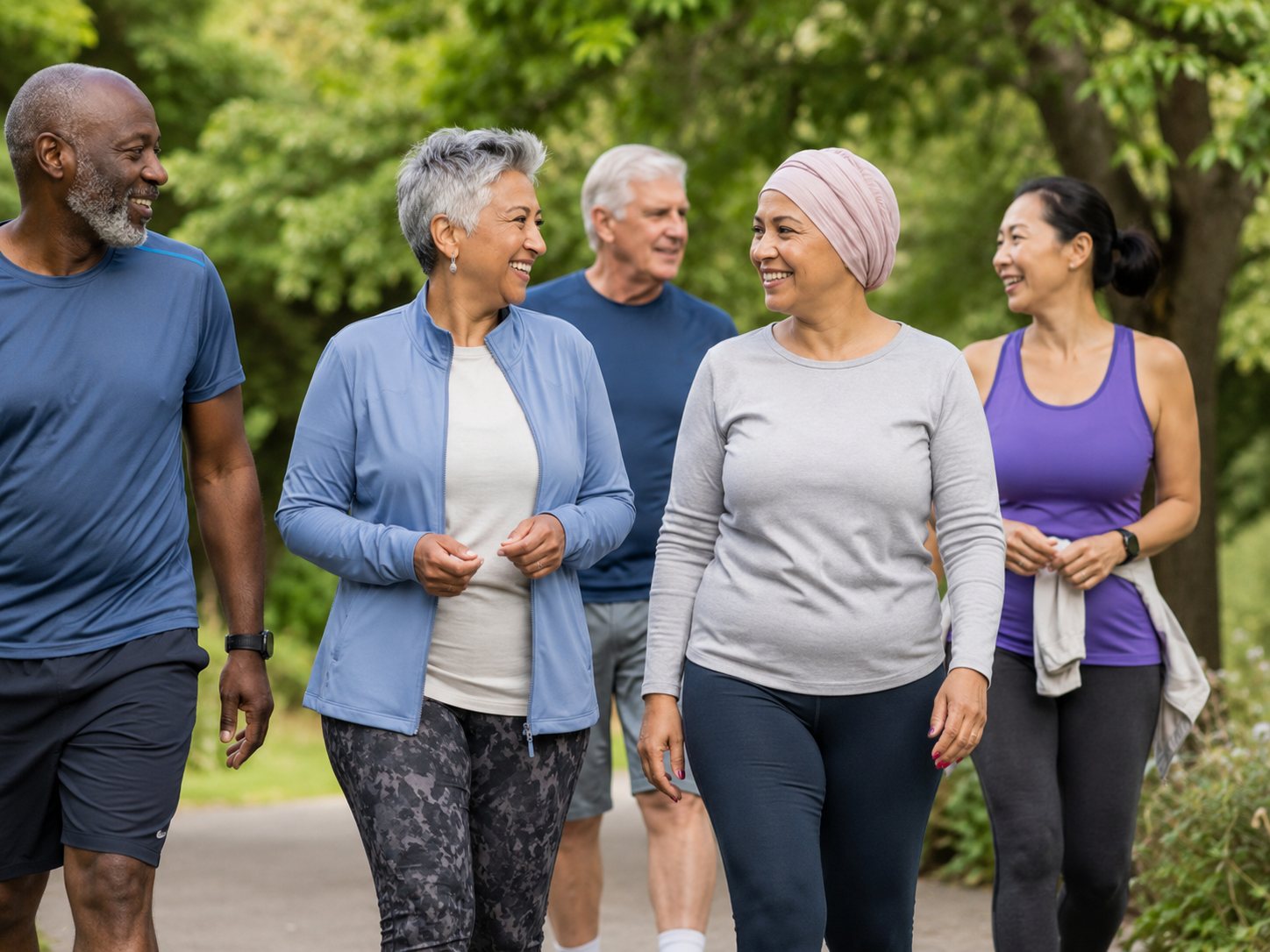 Five adults in activewear walk and chat together along a sunlit park path, one wearing a head scarf.