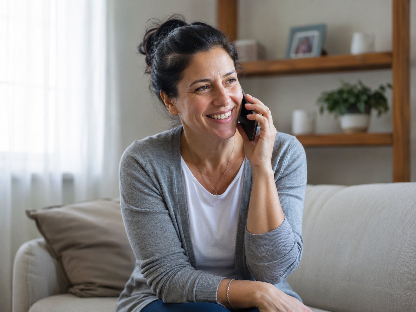 A woman sits on a sofa at home smiling as she talks on the phone