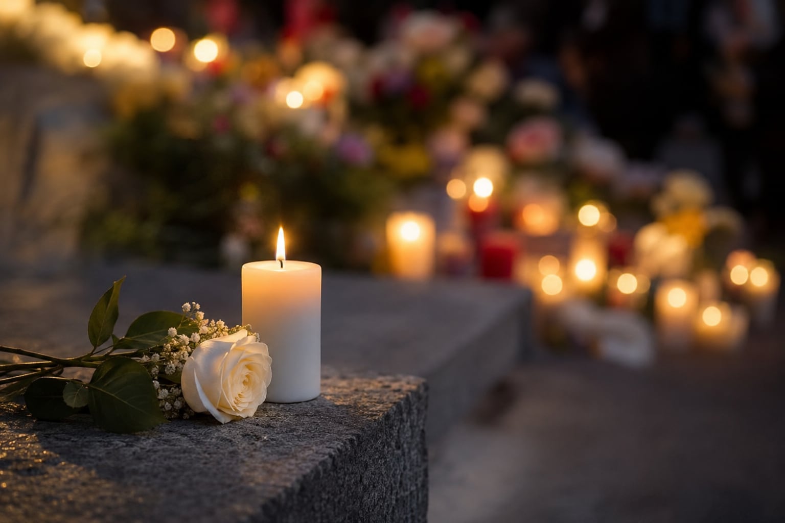 A single lit pillar candle and a white rose on a stone step, with rows of flowers and votive candles glowing out of focus behind.