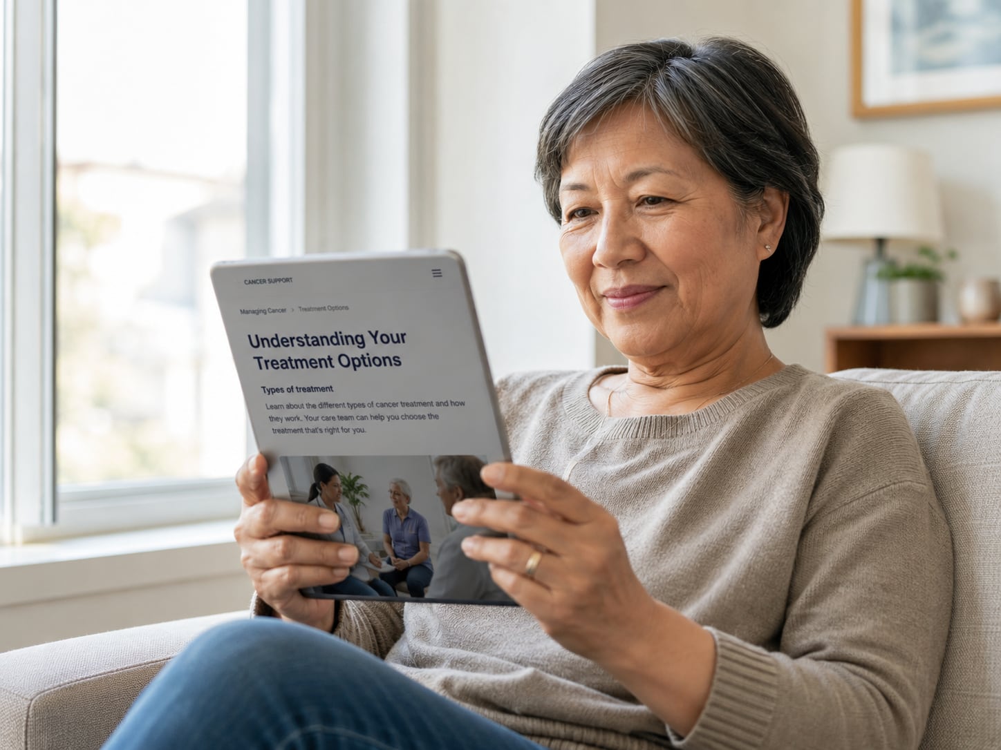 A woman holds a pamphlet titled Understanding Your Treatment Options while sitting at home
