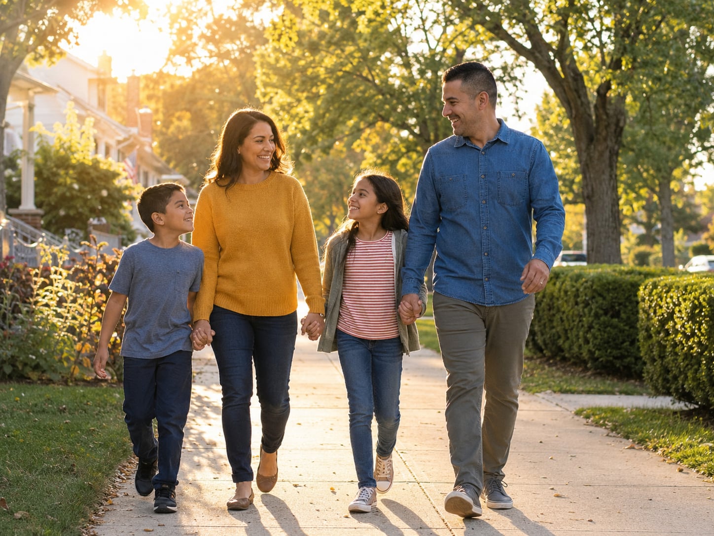 A family of four, two parents and two children, walk together outdoors on a sunny day