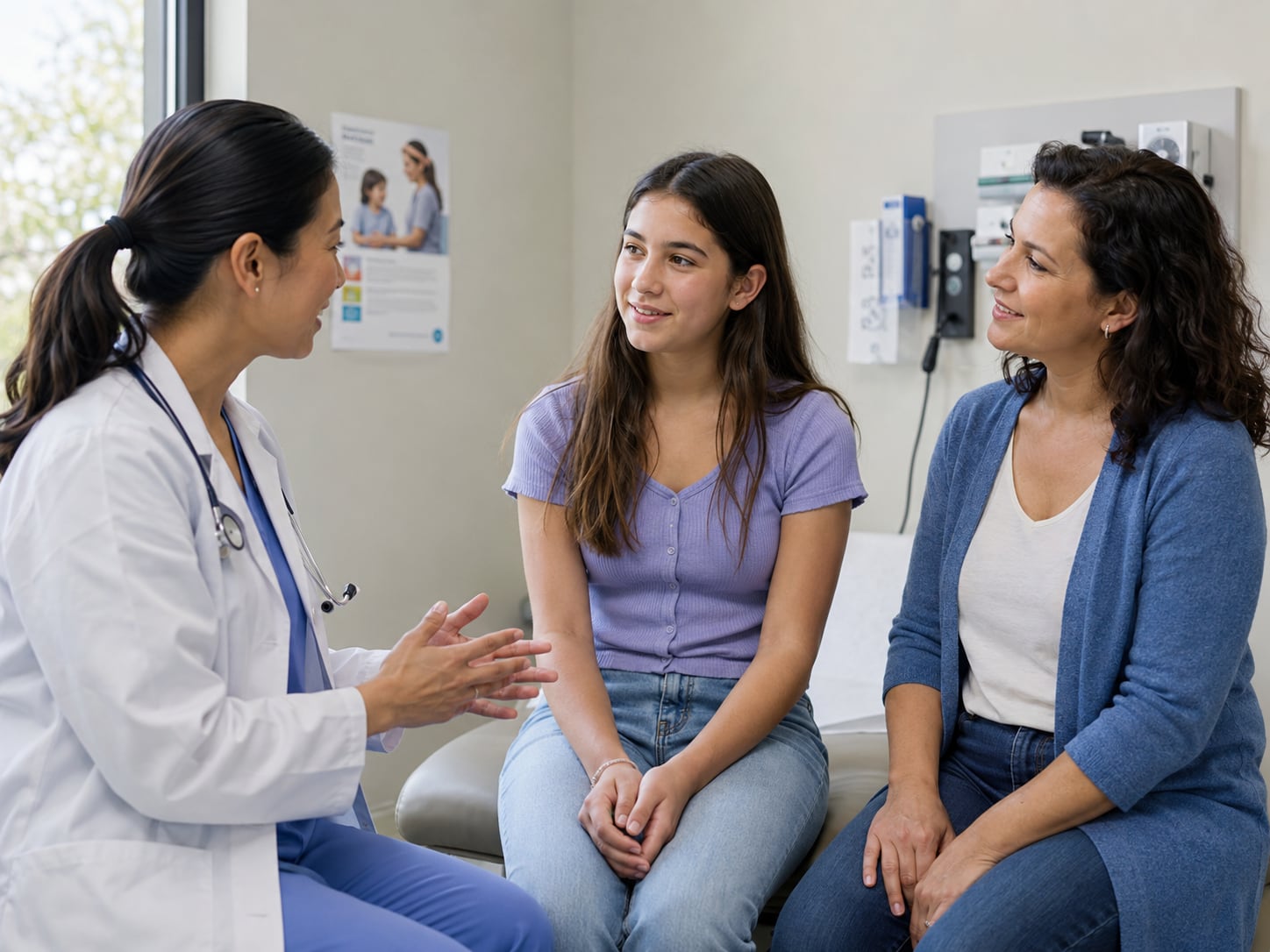 A female doctor talks with a teenage girl and her mother in an exam room
