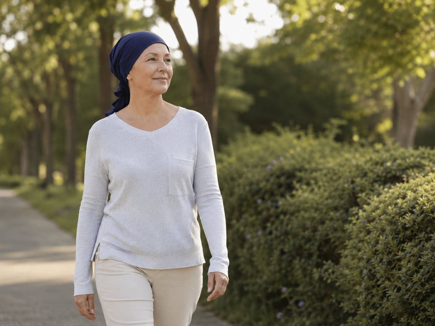 A woman in headscarf walks alone outdoors through a green wooded area