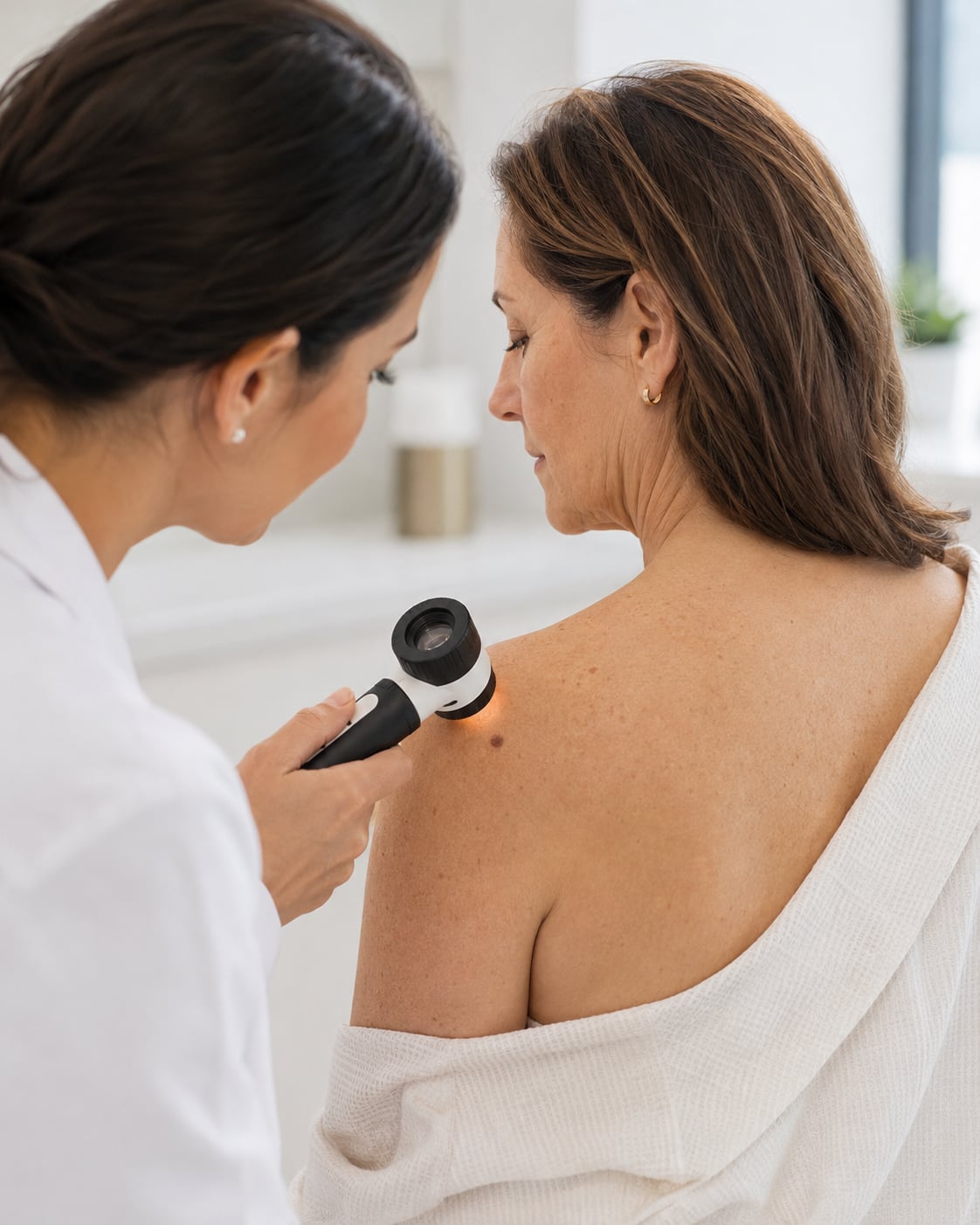 A woman examines another woman's shoulder skin with a dermatoscope indoors