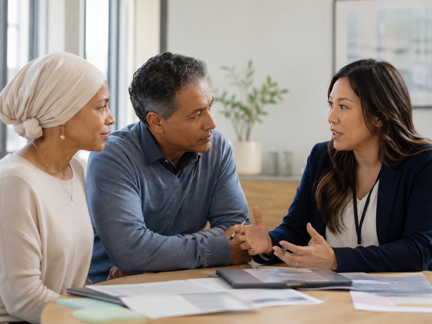 A woman in headscarf and man talk with a female professional at a desk