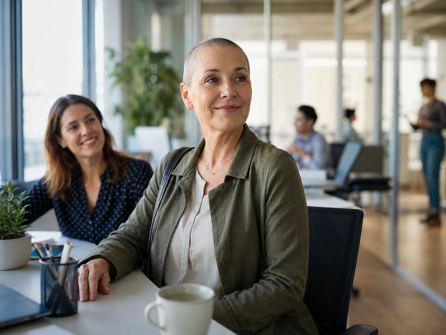 Two women converse in a bright office with people in background
