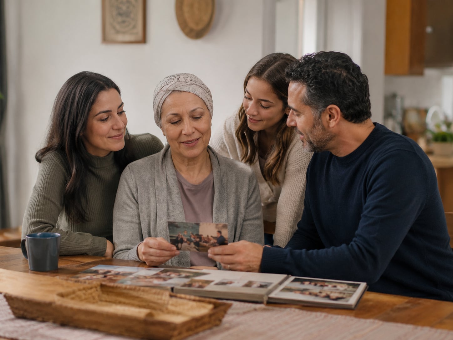 Four family members smile looking at photos on a phone together