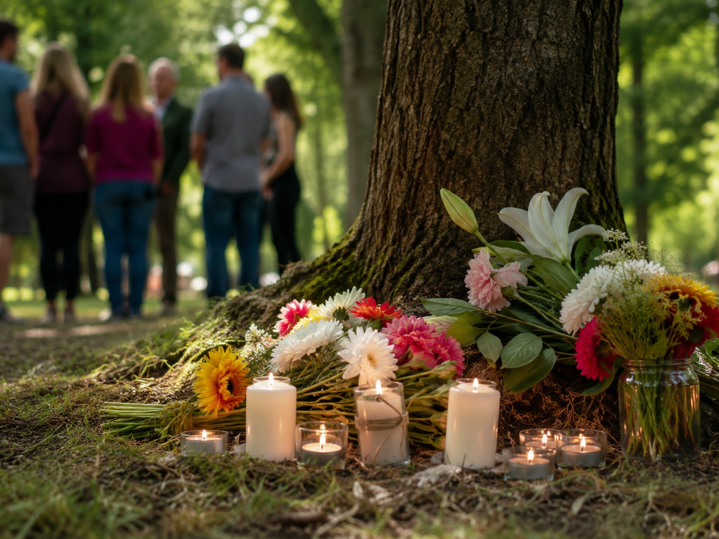 Bouquets of flowers and lit candles arranged at the base of a large tree in a park, with a small group of people out of focus behind.
