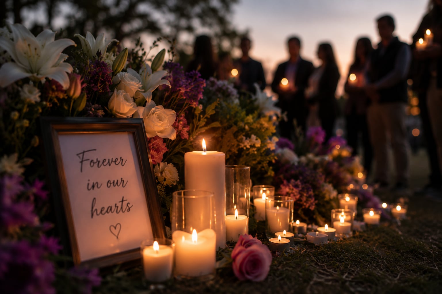A framed sign reading “Forever in our hearts” set among flowers and dozens of lit candles on grass at dusk.