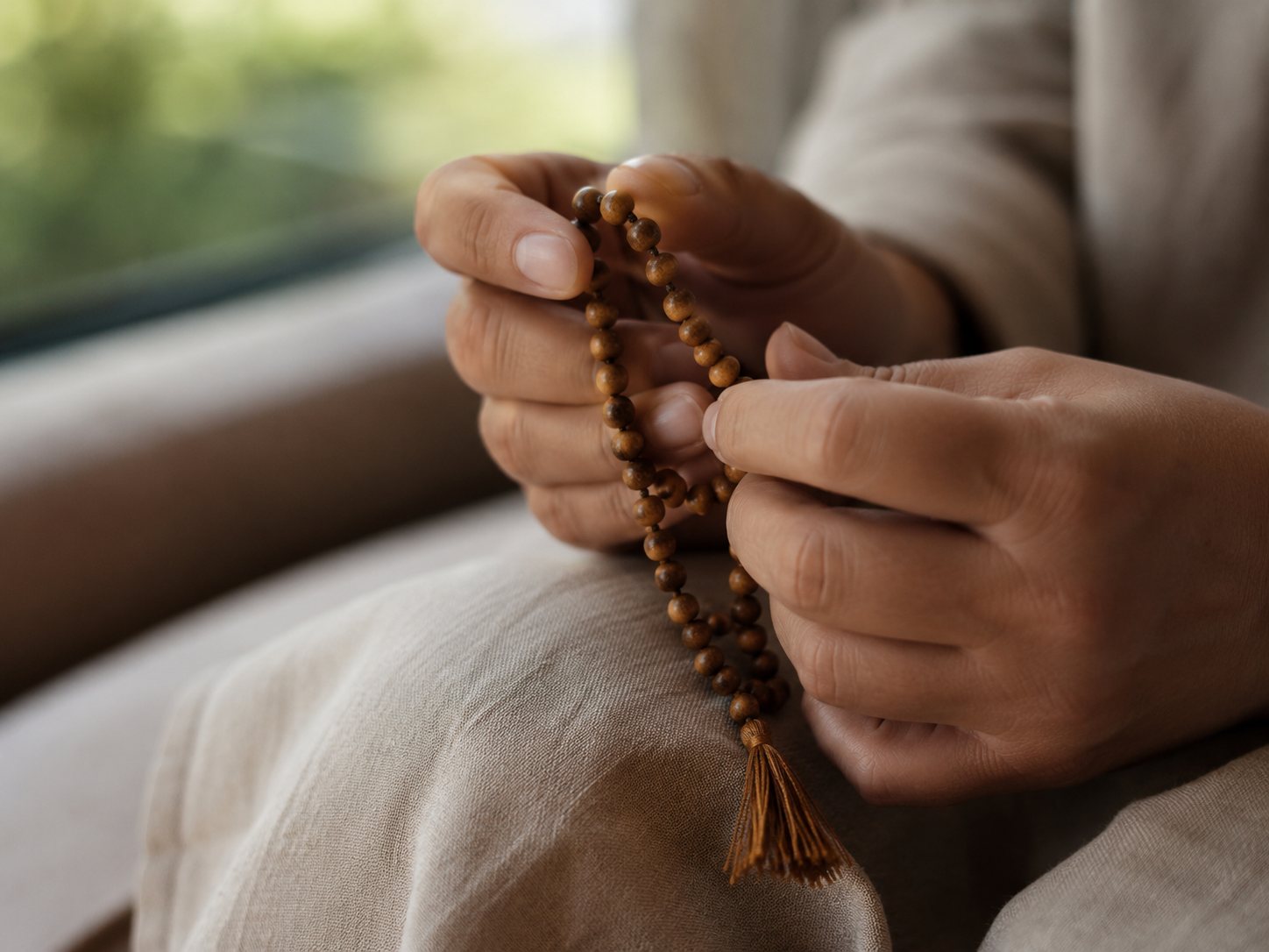 Hands rest in a lap holding a strand of wooden prayer beads with a tassel