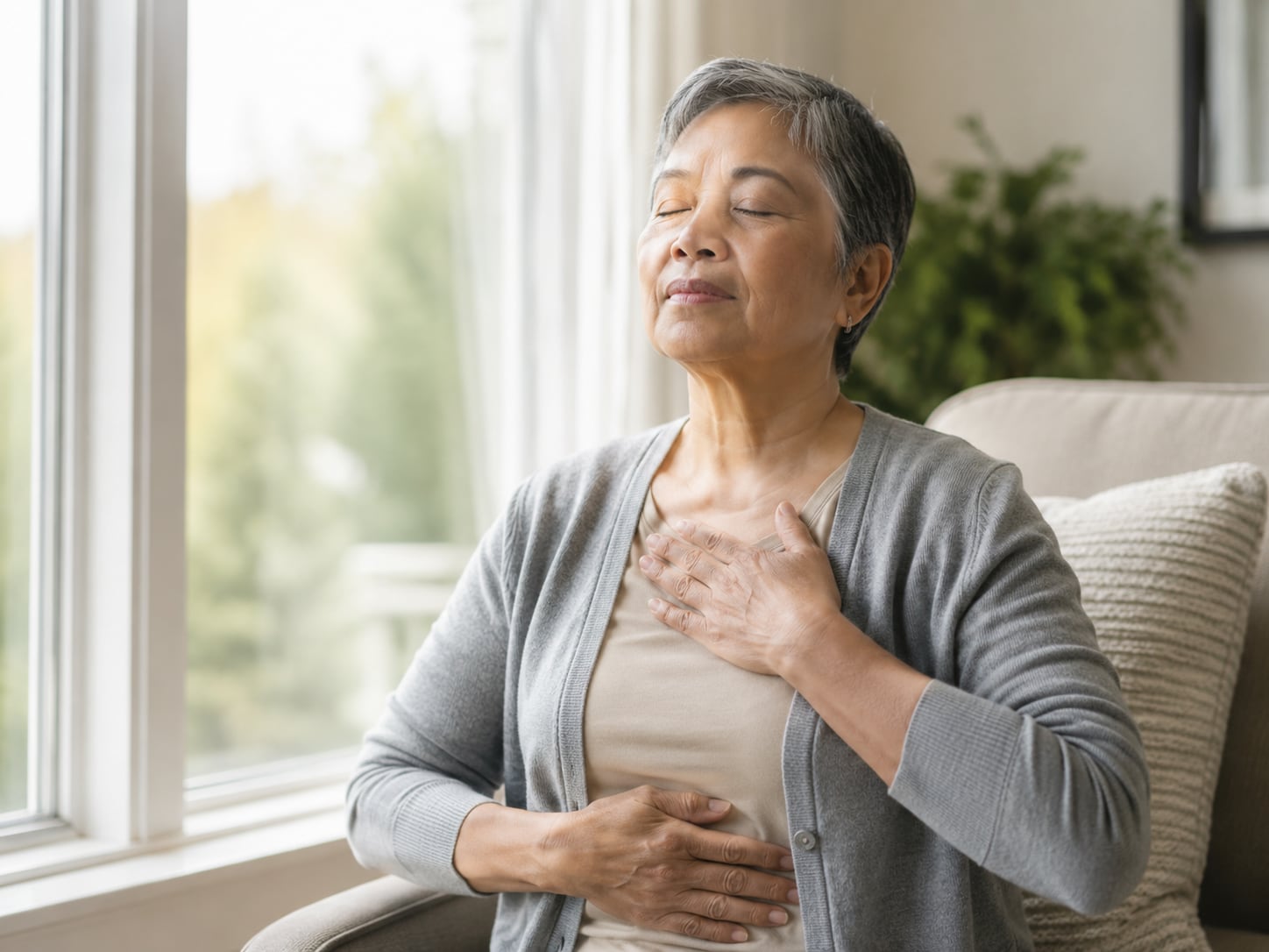 An older woman sits by a window with hand on chest, looking concerned